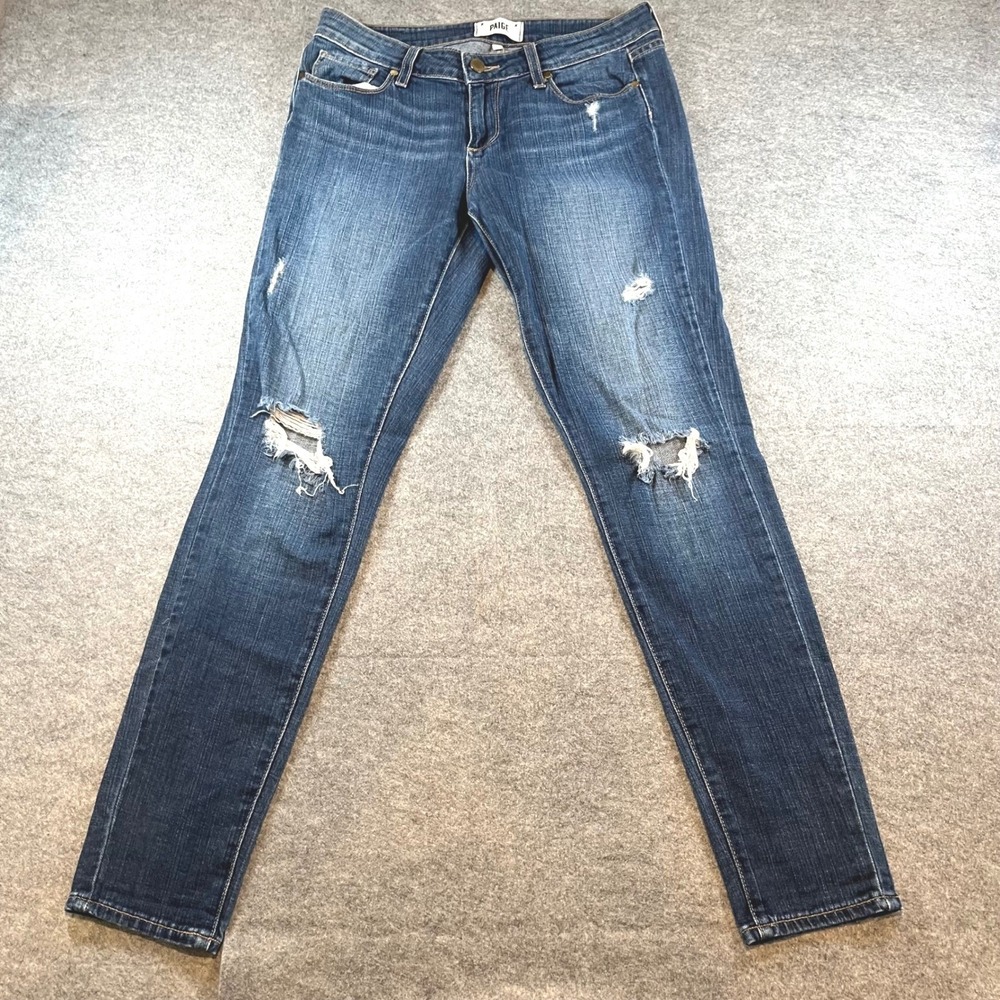 PAIGE Women Skinny Distressed Blue Jeans Ripped Knee Denim 28 Mid Rise Stretch